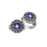Handmade sterling silver Balinese ring with round Amethyst Quartz in ornate engraved bezel.